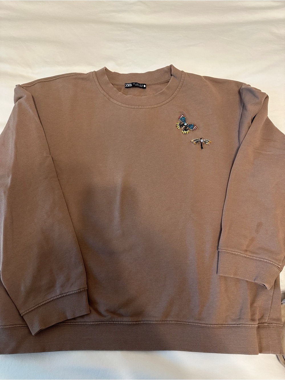 Zara Brown Embroidered Butterfly Crewneck Sweater -